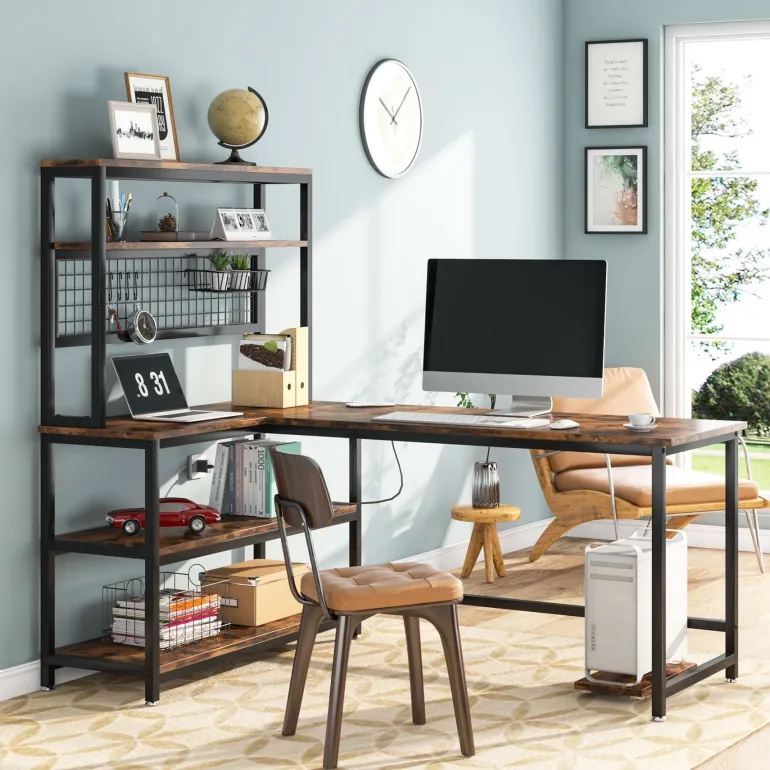 Cheap Tribesigns 55" Reversible L-Shaped Desk with Wireless Charging & Shelves