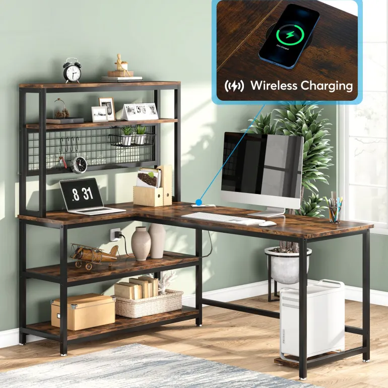 Cheap Tribesigns 55" Reversible L-Shaped Desk with Wireless Charging & Shelves