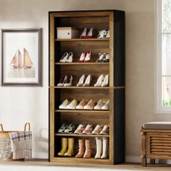 Cheap Tribesigns 74" Shoe Cabinet, 6 - Tier Wood Freestanding Shoe Storage Cabinet