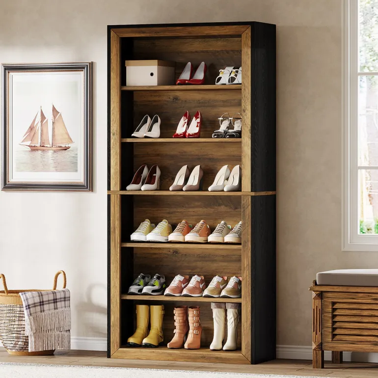 Cheap Tribesigns 74" Shoe Cabinet, 6 - Tier Wood Freestanding Shoe Storage Cabinet