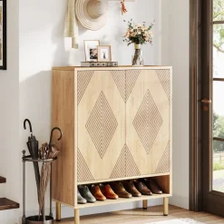 Hot Tribesigns 45" Shoe Cabinet, Wood Shoe Organizer Rack With Adjustable Shelves