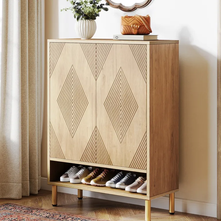 Hot Tribesigns 45" Shoe Cabinet, Wood Shoe Organizer Rack With Adjustable Shelves