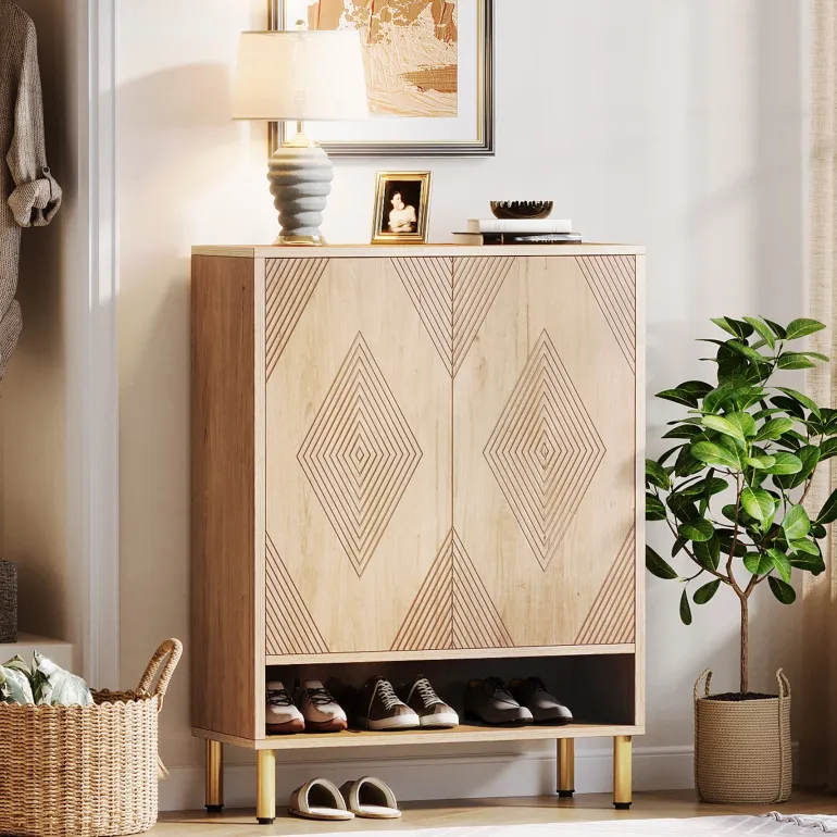 Hot Tribesigns 45" Shoe Cabinet, Wood Shoe Organizer Rack With Adjustable Shelves