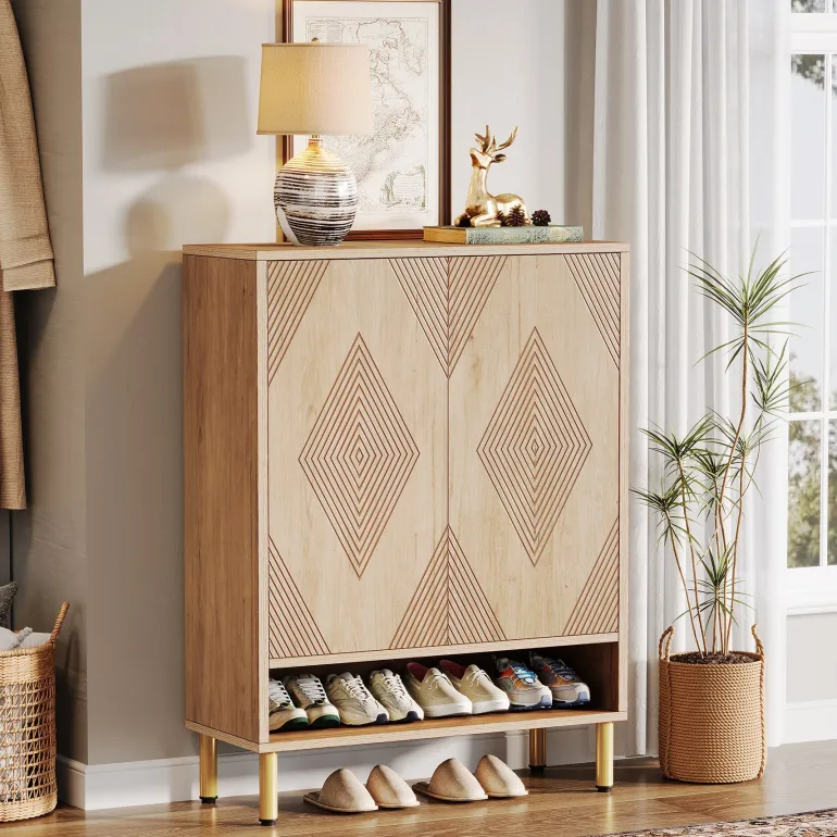 Hot Tribesigns 45" Shoe Cabinet, Wood Shoe Organizer Rack With Adjustable Shelves