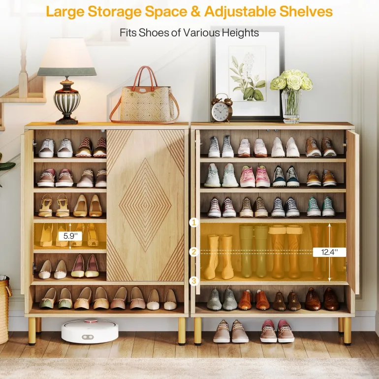 Hot Tribesigns 45" Shoe Cabinet, Wood Shoe Organizer Rack With Adjustable Shelves