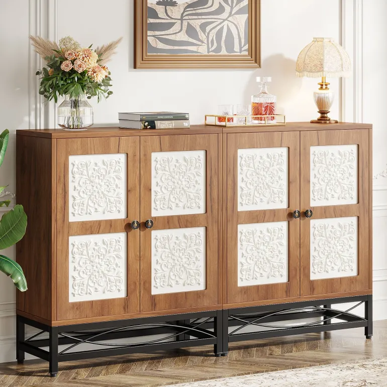 Cheap Tribesigns 59" Sideboard Buffet Cabinet with Storage Shelves and Carved Design Doors