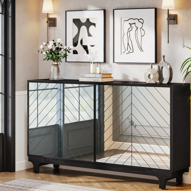 Flash Sale Tribesigns 59" Sideboard Buffet, Modern Credenzas Storage Cabinet with 4 Acrylic Mirror Doors