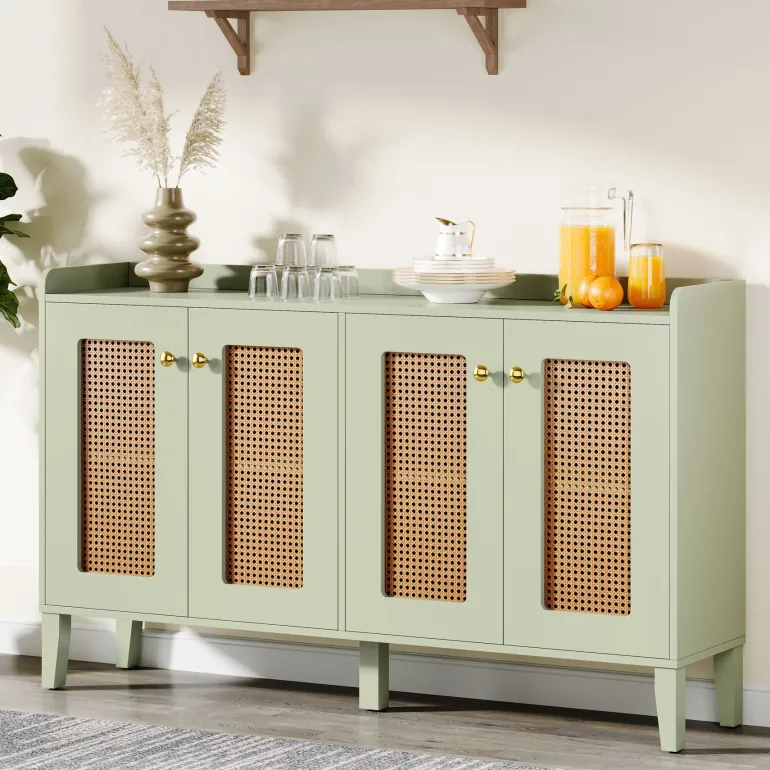 Hot Tribesigns 59" Sideboard Buffet, Rattan Wood Storage Cabinet with Storage Shelves