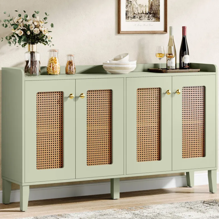 Hot Tribesigns 59" Sideboard Buffet, Rattan Wood Storage Cabinet with Storage Shelves