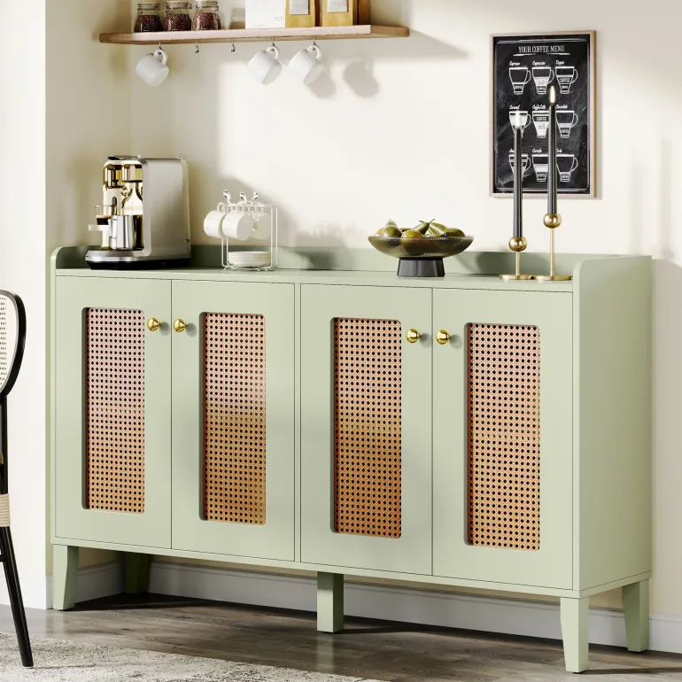 Hot Tribesigns 59" Sideboard Buffet, Rattan Wood Storage Cabinet with Storage Shelves