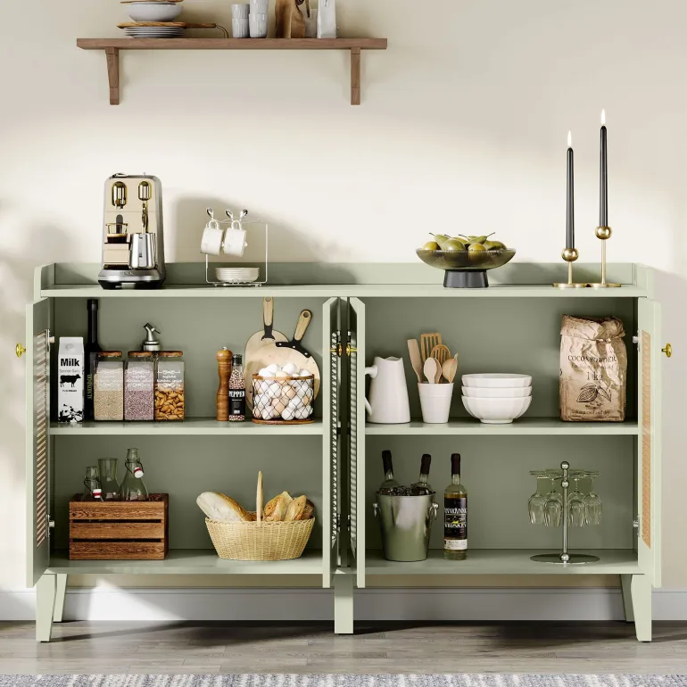 Hot Tribesigns 59" Sideboard Buffet, Rattan Wood Storage Cabinet with Storage Shelves