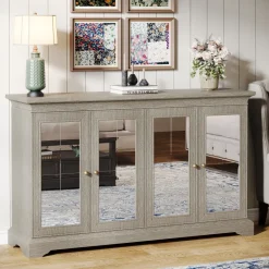 New Tribesigns 55" Sideboard Buffet, Wood Mirrored Buffet Cabinet with Adjustable Shelves
