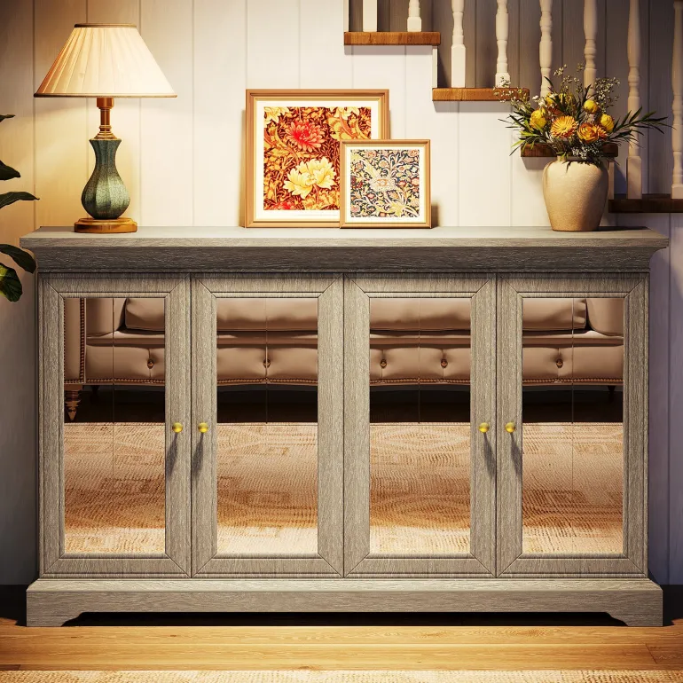 New Tribesigns 55" Sideboard Buffet, Wood Mirrored Buffet Cabinet with Adjustable Shelves
