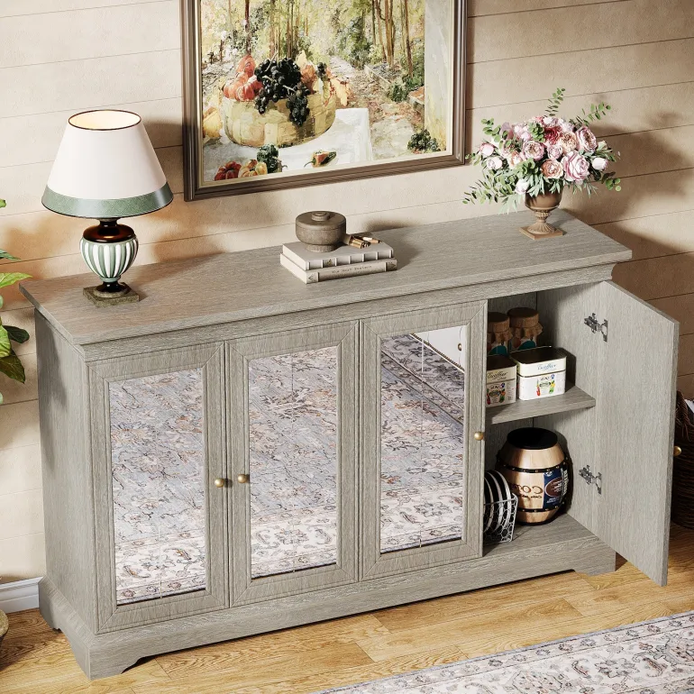 New Tribesigns 55" Sideboard Buffet, Wood Mirrored Buffet Cabinet with Adjustable Shelves