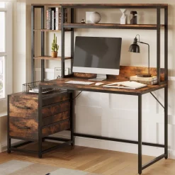 Flash Sale Tribesigns 60" Tall Computer Desk Writing Table with 2 Drawers and Storage Shelves