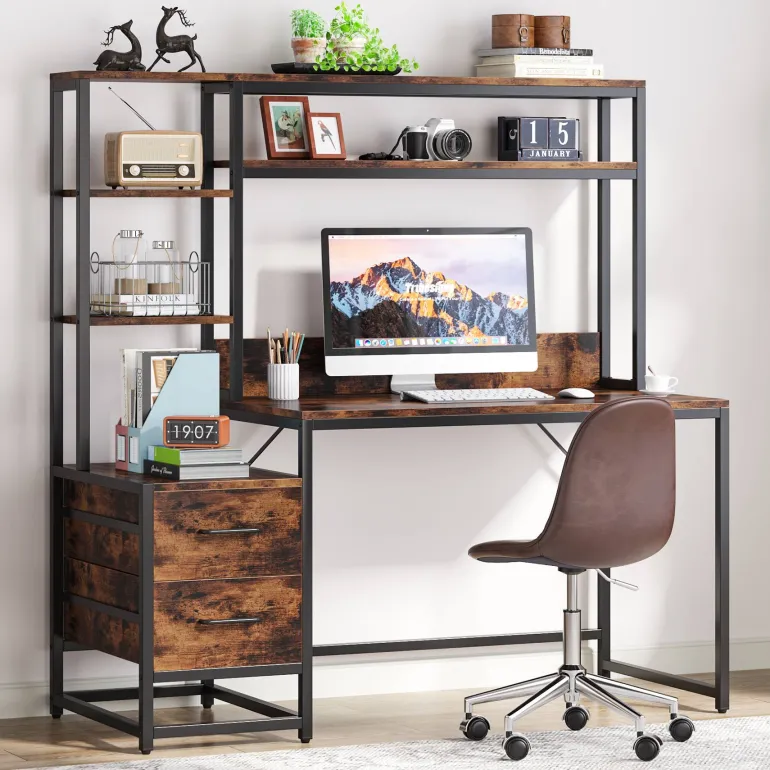 Flash Sale Tribesigns 60" Tall Computer Desk Writing Table with 2 Drawers and Storage Shelves