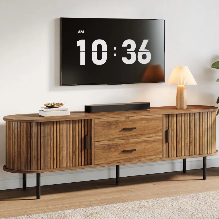 Online Tribesigns 70" TV Stand, Modern Media Console with Storage and Sliding Tambour Door