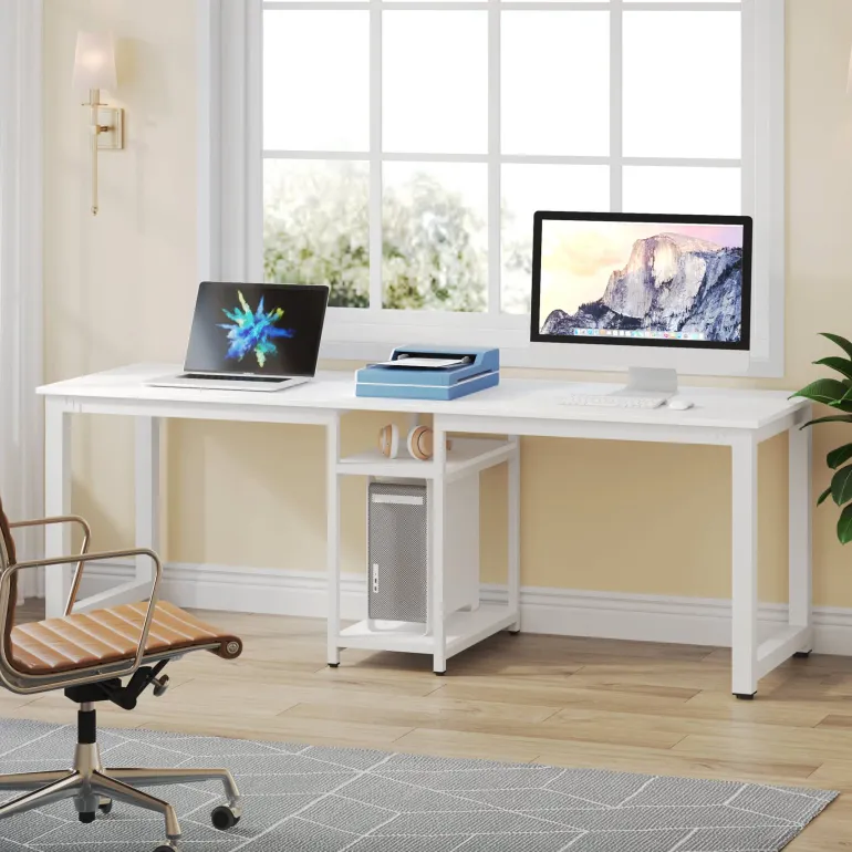 Fashion Tribesigns 78.74" Two Person Desk, Double Computer Desk with Storage Shelves