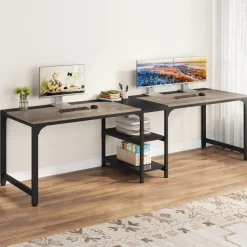 Fashion Tribesigns 90.55'' Two Person Desk, Double Computer Desk with Storage Shelves