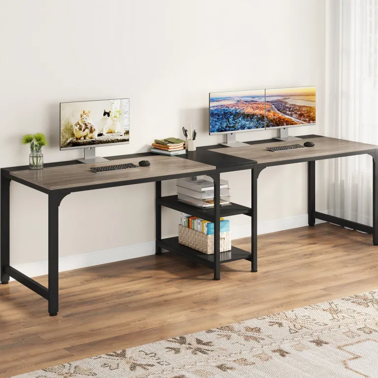 Fashion Tribesigns 90.55'' Two Person Desk, Double Computer Desk with Storage Shelves