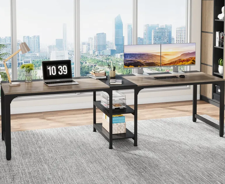 Fashion Tribesigns 90.55'' Two Person Desk, Double Computer Desk with Storage Shelves