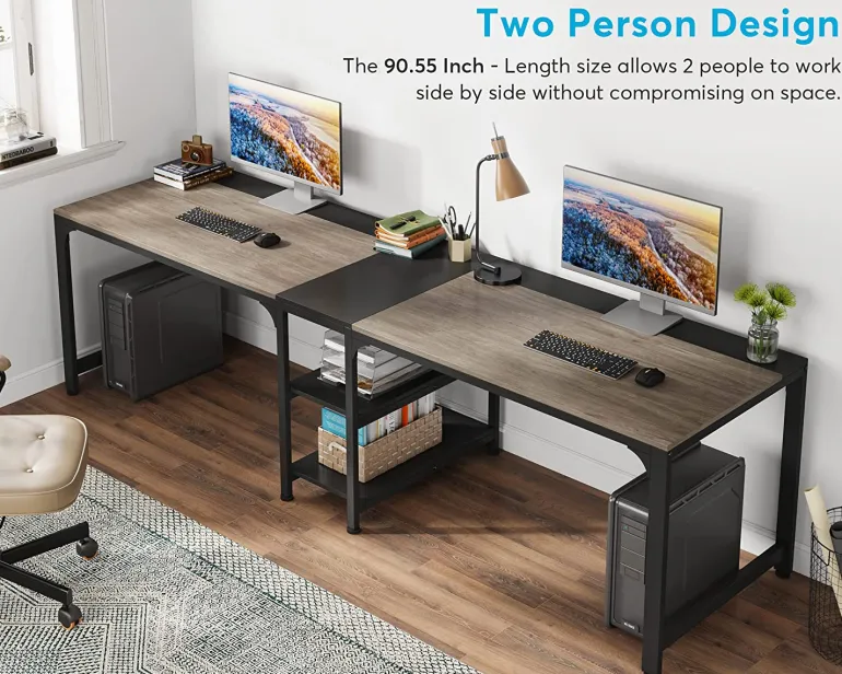 Fashion Tribesigns 90.55'' Two Person Desk, Double Computer Desk with Storage Shelves