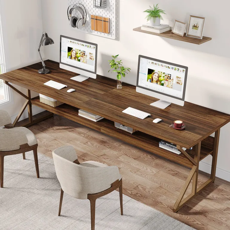 Flash Sale Tribesigns 78.74" Two Person Desk, Large Computer Desk with Storage Shelf