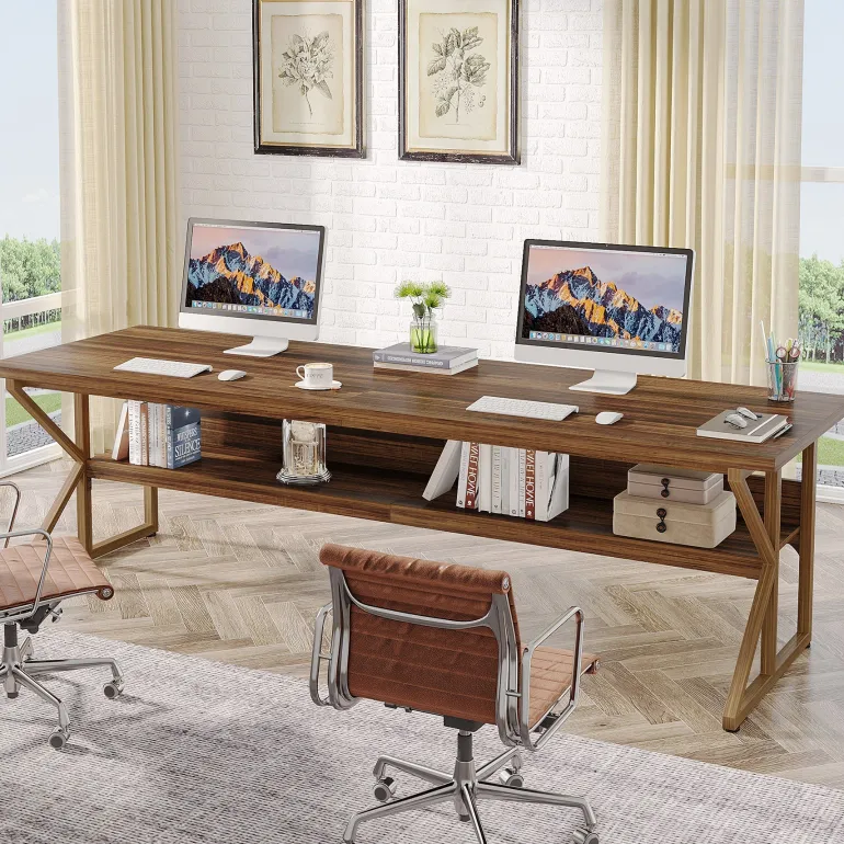 Flash Sale Tribesigns 78.74" Two Person Desk, Large Computer Desk with Storage Shelf