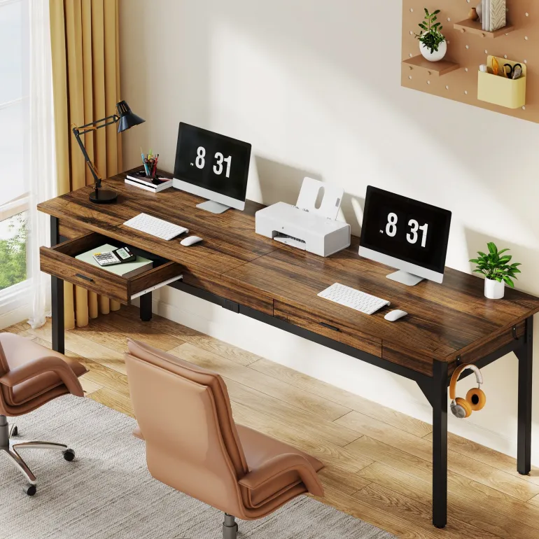 Cheap Tribesigns 78.7" Two Person Desk, Long Computer Desk with 2 Drawers