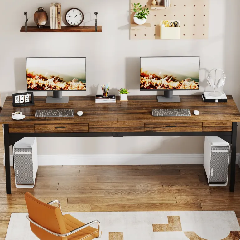 Cheap Tribesigns 78.7" Two Person Desk, Long Computer Desk with 2 Drawers