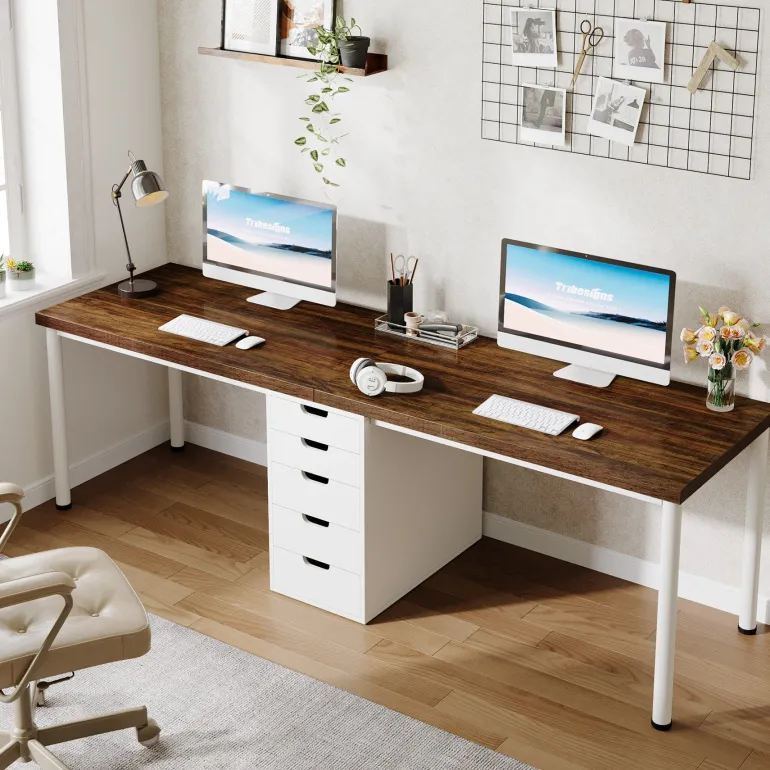 Sale Tribesigns 78.7" Two Person Desk, Long Computer Desk with 5 Drawers