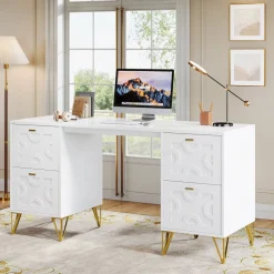 Flash Sale Tribesigns 59" White Computer Desk with File Drawers, Wood Executive Desk for Home Office