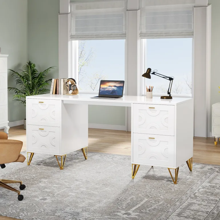 Flash Sale Tribesigns 59" White Computer Desk with File Drawers, Wood Executive Desk for Home Office