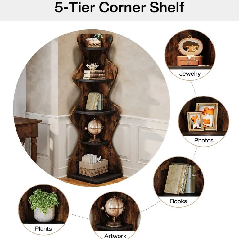 Outlet Tribesigns 69" Wood Bookshelf, 5 - Tier Corner Shelf Storage Plant Stand