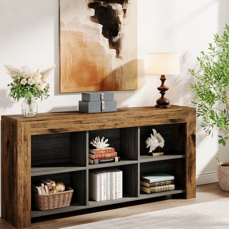 New Tribesigns 63" Wood Bookshelf, Horizontal Bookcase Storage Display Shelf