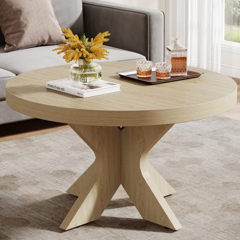 Fashion Tribesigns 31.5" Wood Coffee Table, Round Center Table With Double X - Shaped Base