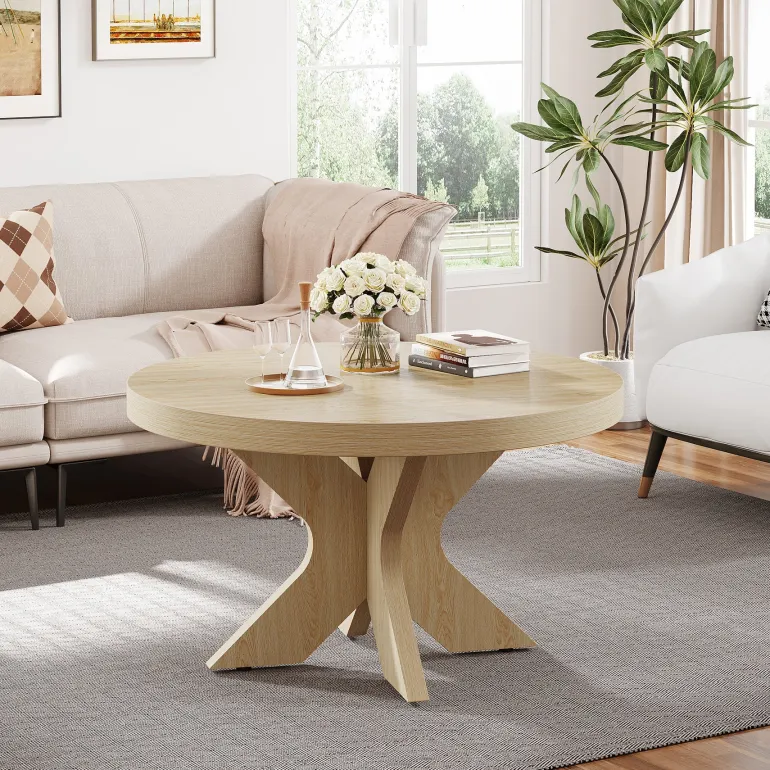Fashion Tribesigns 31.5" Wood Coffee Table, Round Center Table With Double X - Shaped Base