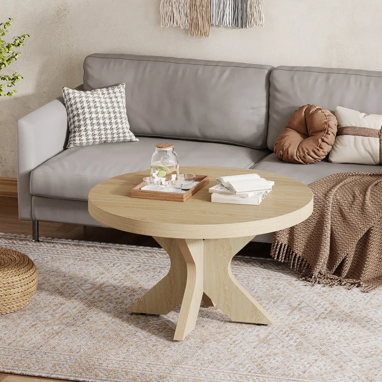Fashion Tribesigns 31.5" Wood Coffee Table, Round Center Table With Double X - Shaped Base