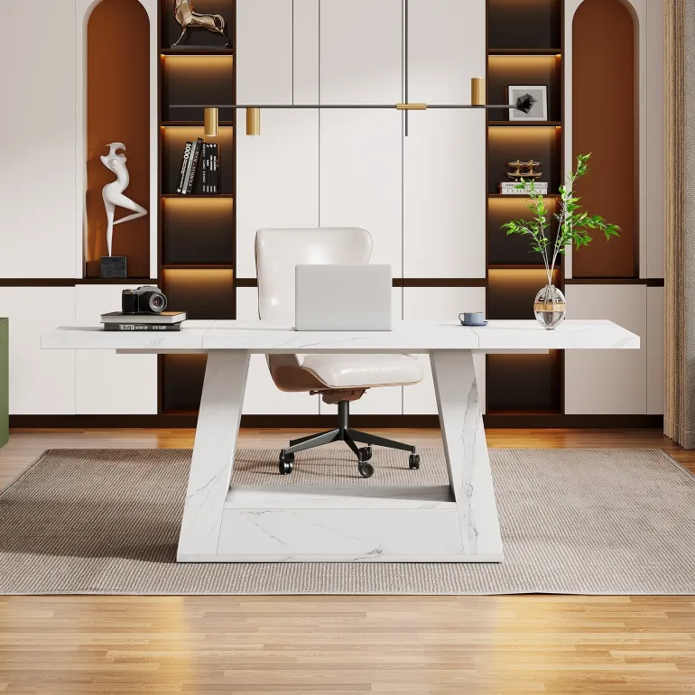 Sale Tribesigns 63" Wood Computer Desk, Faux Marble Executive Desk Office Desk
