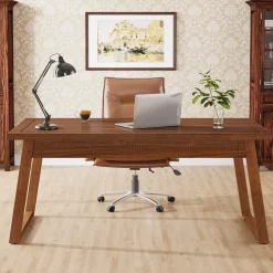 Online Tribesigns 55" Wood Computer Desk, Mid - Century Modern Study Writing Table with Drawer