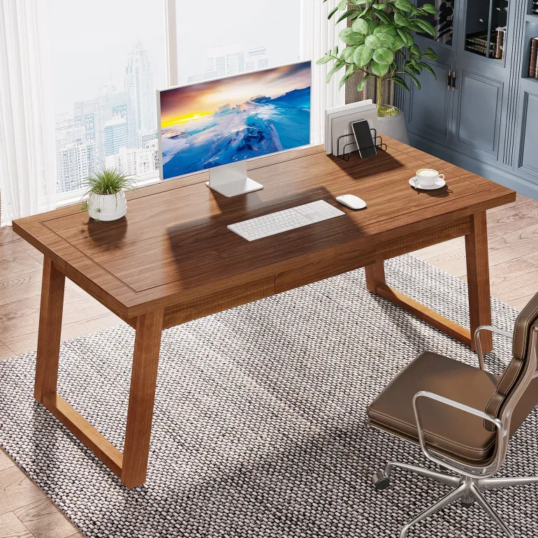 Online Tribesigns 55" Wood Computer Desk, Mid - Century Modern Study Writing Table with Drawer