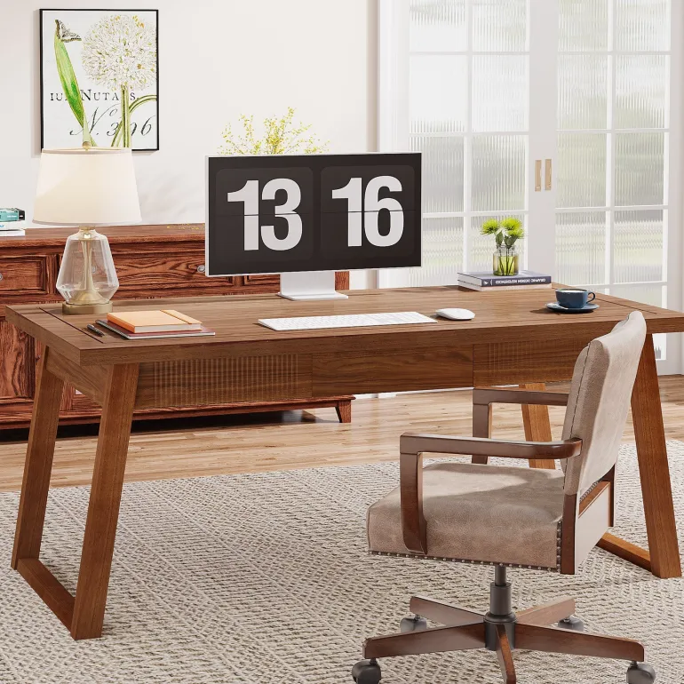 Online Tribesigns 55" Wood Computer Desk, Mid - Century Modern Study Writing Table with Drawer
