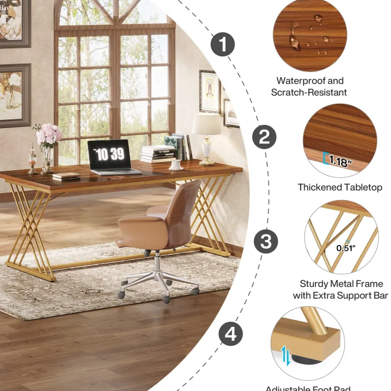 Online Tribesigns 63" Wood Executive Desk Computer Desk with Metal Frame for Home Office