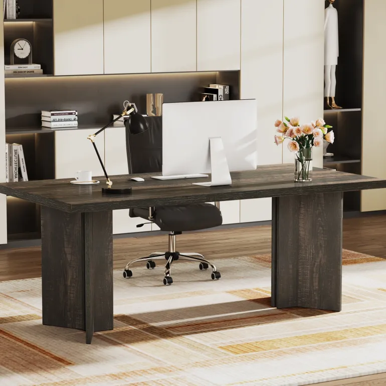 Flash Sale Tribesigns 63" Wood Executive Desk, Farmhouse Computer Desk with Large Tabletop