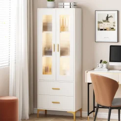 Online Tribesigns Bookcase, White Bookshelf with LED Light, Frosted Doors & 2 Drawers