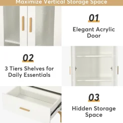 Online Tribesigns Bookcase, White Bookshelf with LED Light, Frosted Doors & 2 Drawers