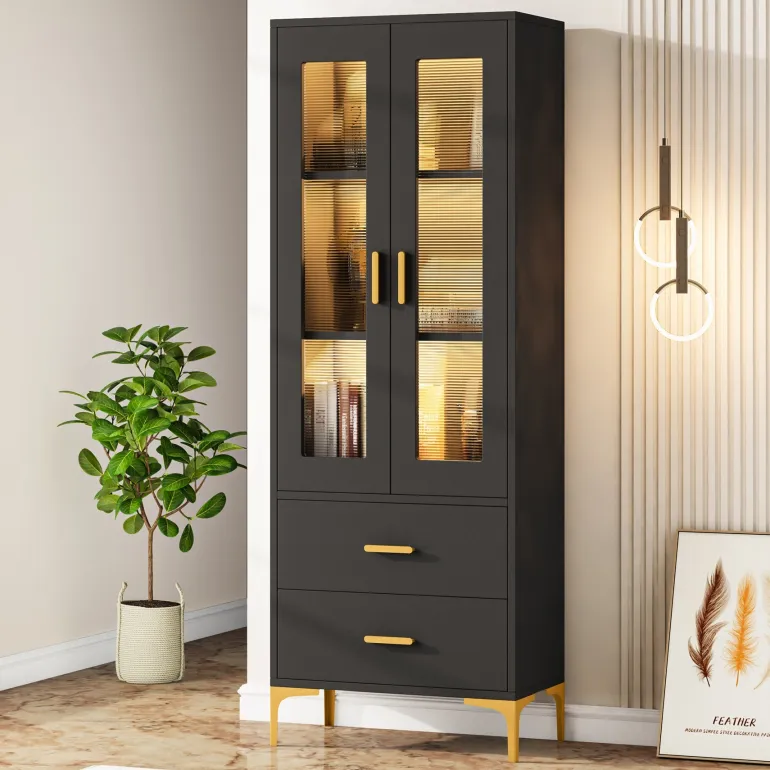 Online Tribesigns Bookcase, White Bookshelf with LED Light, Frosted Doors & 2 Drawers