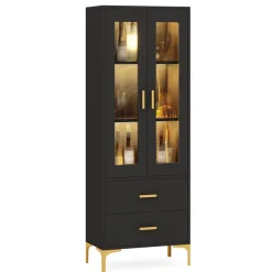 Online Tribesigns Bookcase, White Bookshelf with LED Light, Frosted Doors & 2 Drawers