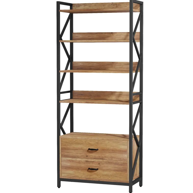 Sale Tribesigns Bookshelf, 70.86" Industrial 5-Tier Bookcase with 2 Drawers