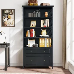 Discount Tribesigns Bookshelf, 5-Tier Bookcase Display Shelf Organizer with 2 Drawers